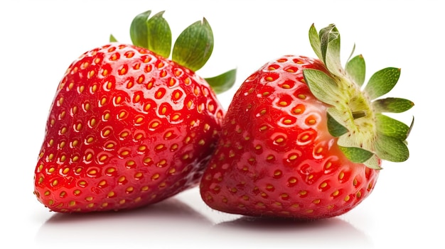 A close up of two strawberries with the top one being cut off.
