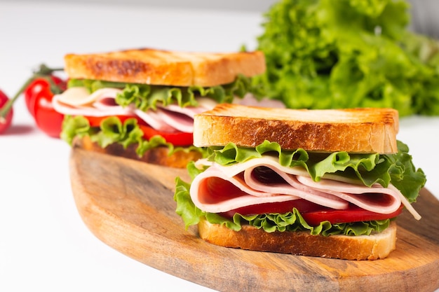 Close-up of two toasted sandwiches with fresh ham, cheese and vegetables on background.