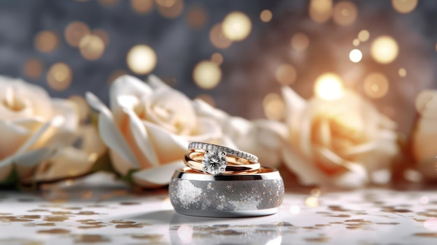 A close up of two wedding rings with roses in the background