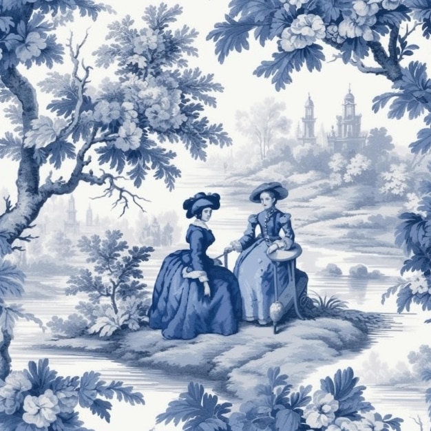 강 근처에 서 있는 파란색 드레스를 입은 두 여성의 클로즈업