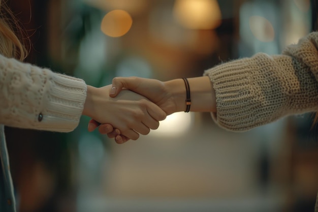 Photo close up of two women shaking hands indoors