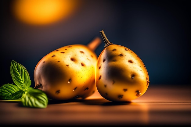 A close up of two yellow fruits with a green leaf on the right side.