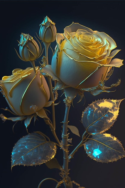 Close up of two yellow roses on a stem generative ai