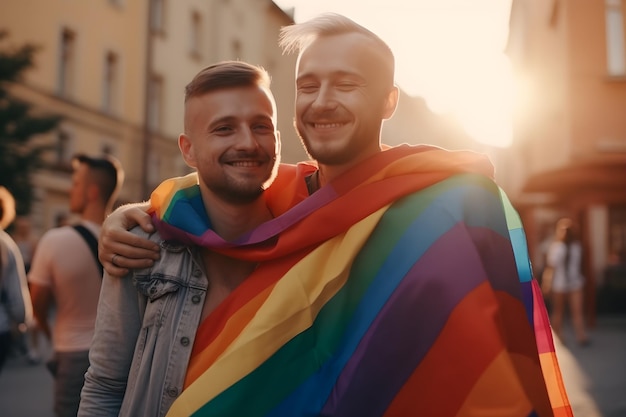Close up of two young gay men smiling and hugging each other