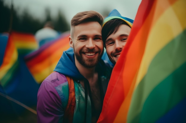 Close up of two young gay men smiling and hugging each other