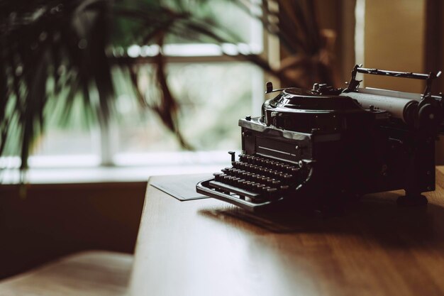 close-up of typewriter on table