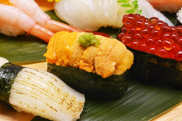 Close up uni, salmon roe sushi, Japanese food