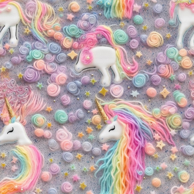 Foto un primo piano di una torta di unicorno con molti diversi colori di glassa generativa ai