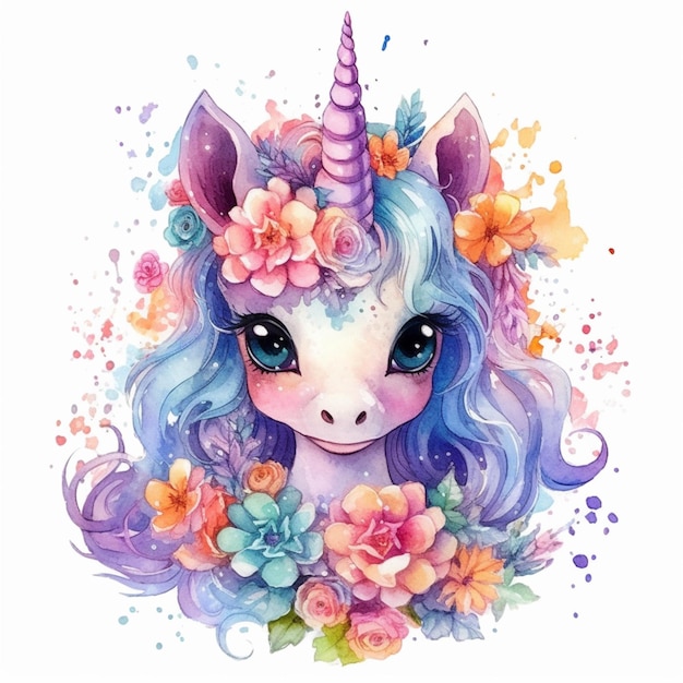 A close up of a unicorn with flowers on its head generative ai