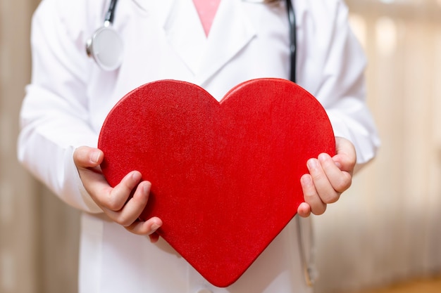 Close up of unrecognizable person in doctor's dress holding a big heart in his hands