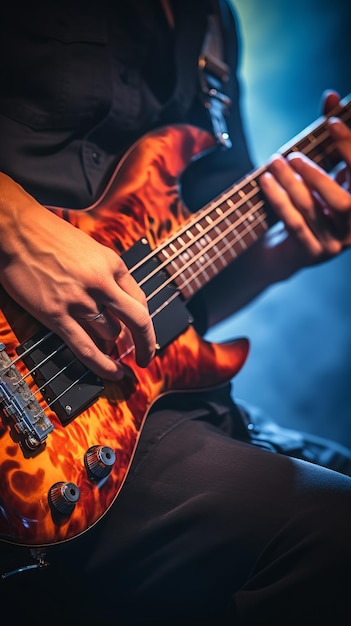 Close up of an unrecognizable person playing an electric bass guitar with orange body and black fretboard