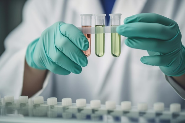 Close up of unrecognizable scientist in clean suit examining sample in test tube