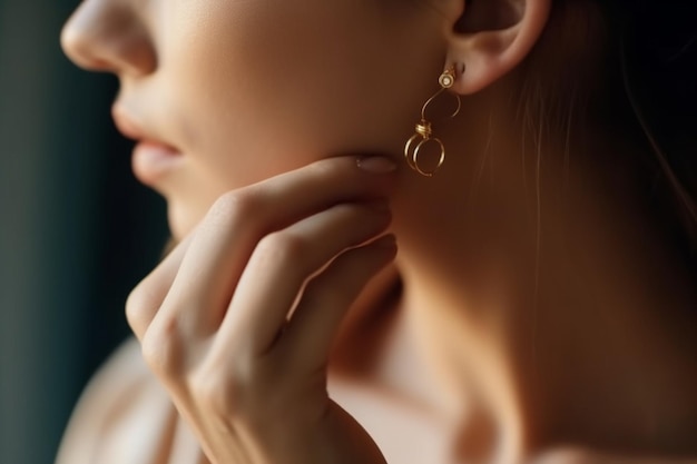 Photo close up of unrecognizable woman put on earring jewelry