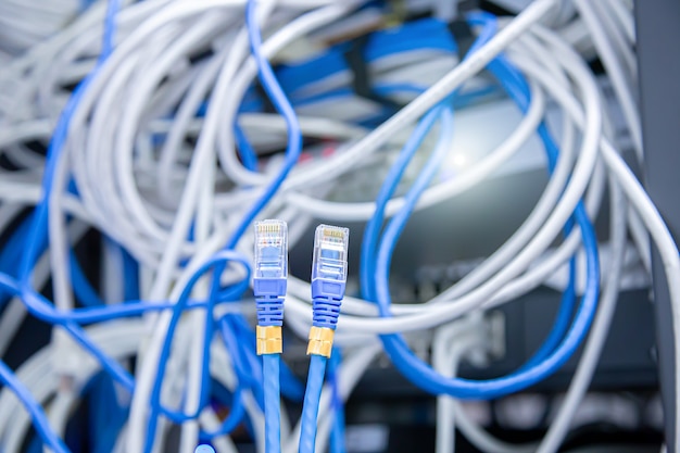 Photo close-up utp lan network cable and lots of ethernet cables background.