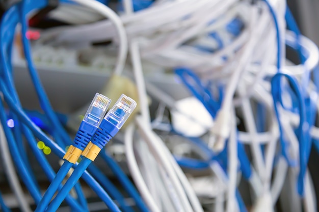 Close-up utp lan network cable and lots of ethernet cables
background.