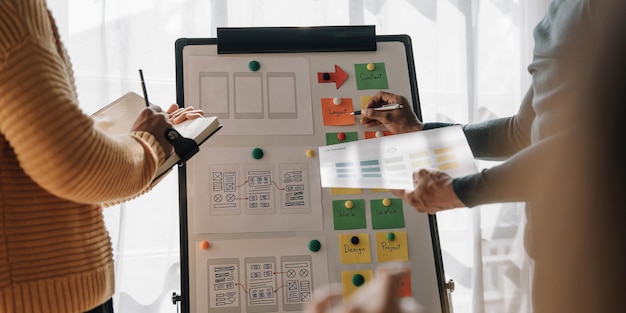 Close up ux developer and ui designer brainstorming about mobile app interface wireframe design on table with customer breif and color code at modern officeCreative digital development agency