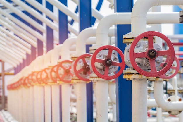 Close-up of the valve plug an oil pipeline in the field on a sunny summer day