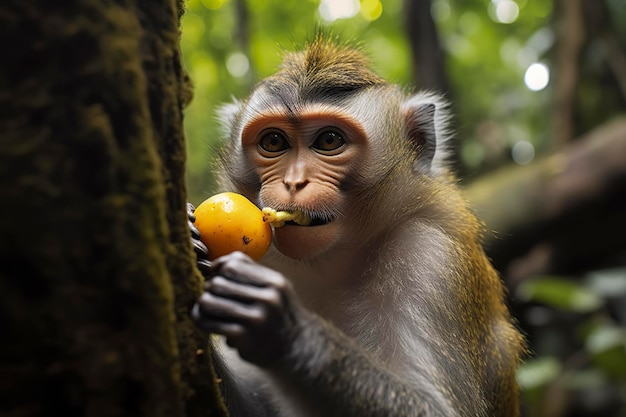 Close-up van aap die fruit eet in de jungle Generatieve AI