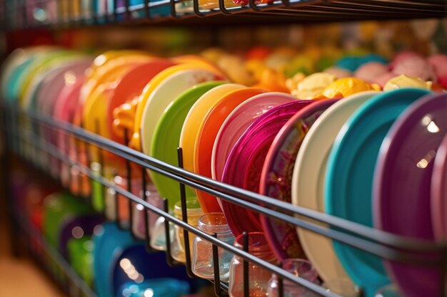 Close-up van afwasmachines vol met kleurrijke borden
