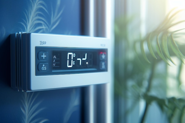 Close-up van airconditioner thermostaat met Wi-Fi-verbinding voor afstandsbediening