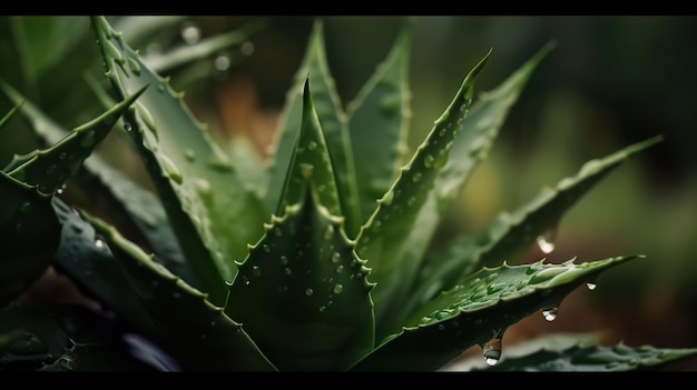 Close-up van aloë tropische plantenbladeren met regendruppels Groene natuurlijke achtergrond Generatieve AI