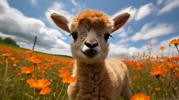 Close-up van Alpaca recht vooruit kijkend in de prachtige weide