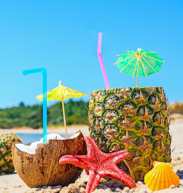 Close-up van ananas en kokosnoten aan de kust op een heldere zomerdag