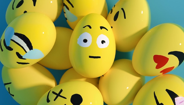 Foto close-up van antropomorfe gezichten op gele eieren