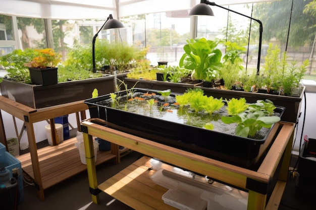 Close-up van aquaponics en hydrocultuursystemen met alle zichtbare delen gemaakt met generatieve ai