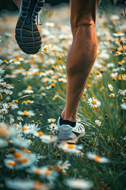 Foto close-up van atleten benen lopen over een veld van madeliefjes