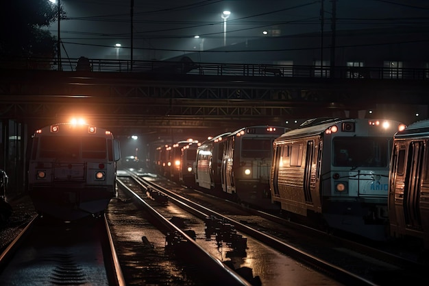 Close-up van auto's die op de trein wachten met hun koplampen die op de rails schijnen