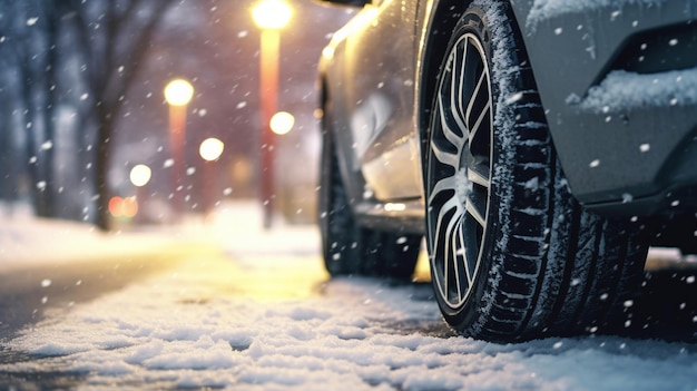 Close-up van autobanden in de winter, de eerste sneeuw in de late herfst Generatieve AI