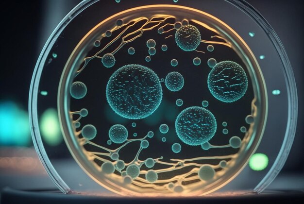 Close-up van bacteriën met vergrootglas op de achtergrond generatieve ai