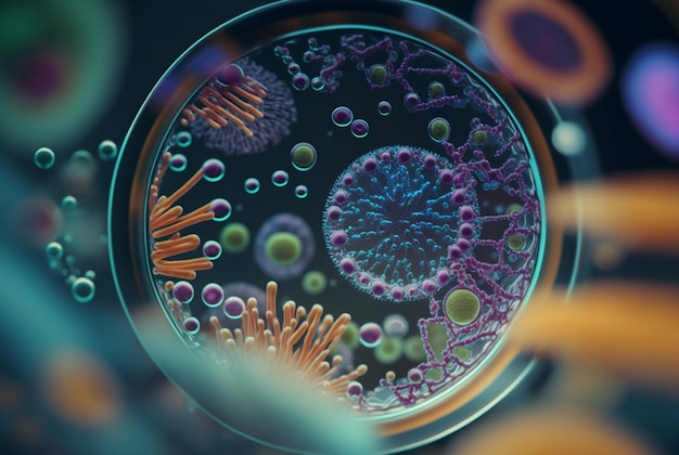 Close-up van bacteriën met vergrootglas op de achtergrond generatieve ai