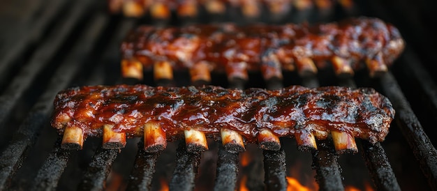 Close-up van barbecue ribben die op een grill worden gekookt