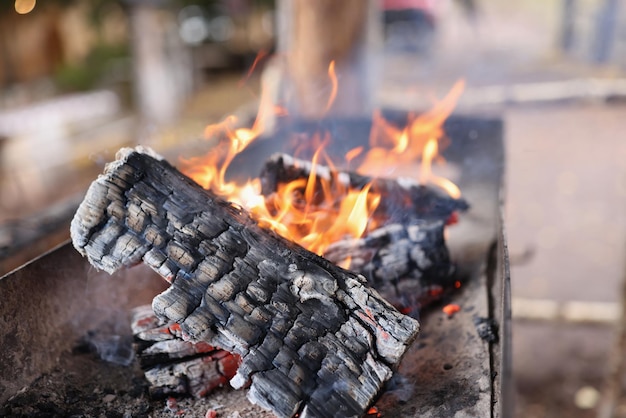 Close-up van barbecuegrill met brandend brandhoutconcept het koken van voedsel op open vuur