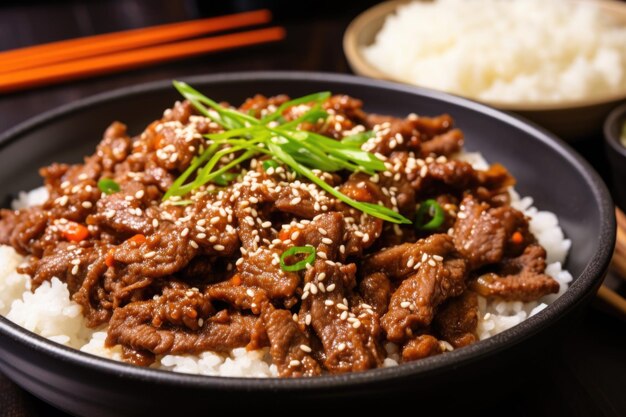 Foto close-up van bereid bulgogi-rundvlees geserveerd met witte rijst