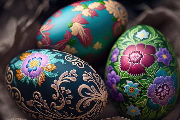 Close-up van beschilderde eieren met bloemmotieven paaseieren voor paasviering Generatief AI Lenteconcept Paaseieren iriserende kleur glanzend en parelachtig