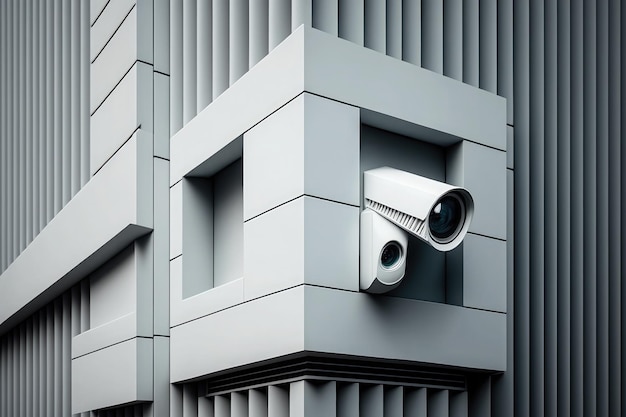 Close-up van beveiligingscamera op modern gebouw muur AI gegenereerd