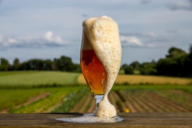 Foto close-up van bier dat op tafel verspilt tegen een landbouwveld