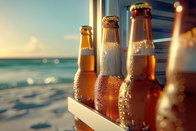 Close-up van bierflessen die afkoelen in een koelkast op het strand