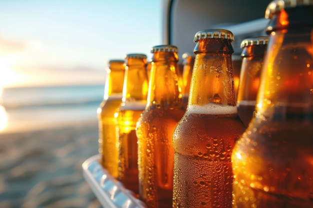 Close-up van bierflessen die afkoelen in een koelkast op het strand