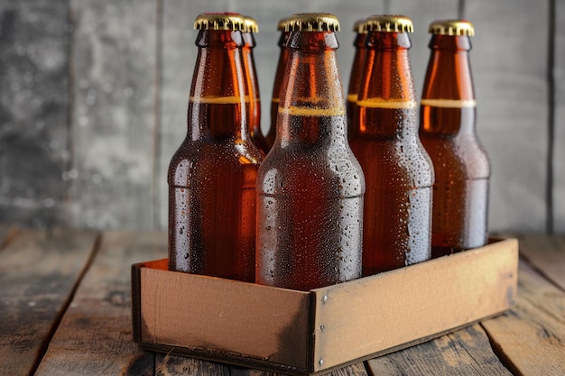 Close-up van bierflessen op een houten tafel