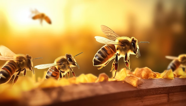 Close-up van bijen en honingraat in zonsondergang licht lente concept
