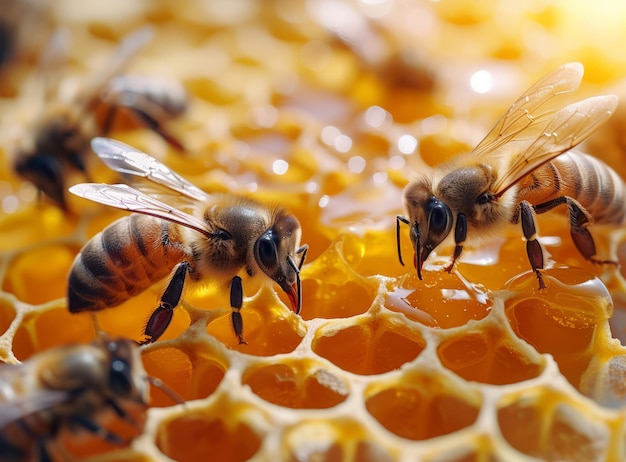 Close-up van bijen op een honingraat gevuld met gouden honing