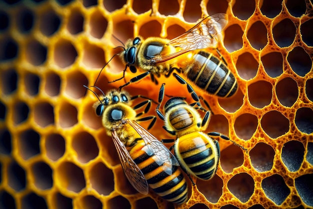 Close-up van bijen op honingraat in bijenstal