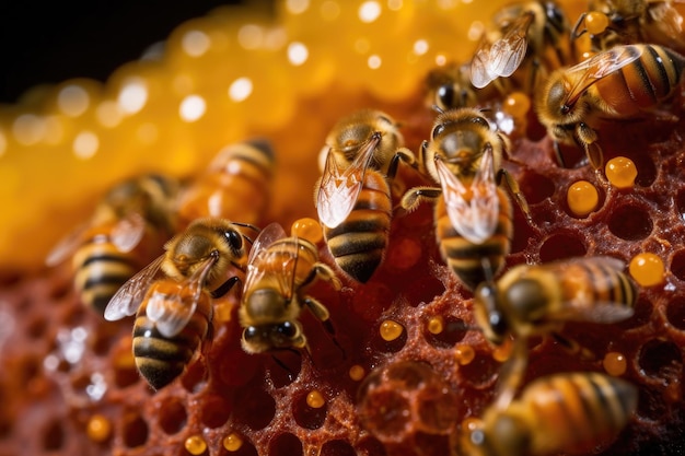 Close-up van bijenpollen met de ingewikkelde patronen en texturen zichtbaar gemaakt met generatieve ai