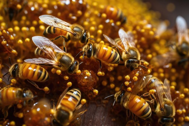 Close-up van bijenpollen met ingewikkelde en mooie patronen zichtbaar gemaakt met generatieve ai