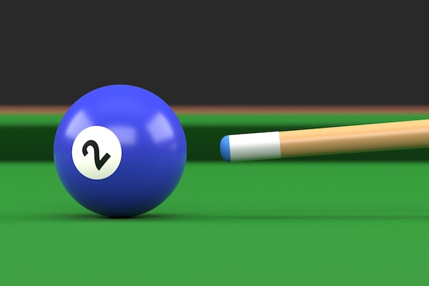 Close-up van biljartbal nummer twee blauwe kleur op biljarttafel snooker richt de speelbal 3D render