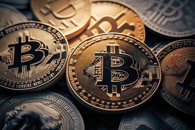 Close-up van bitcoins in verschillende coupures met unieke serienummers